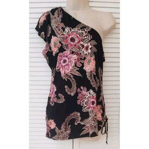 NEW INC INTERNATIONAL CONCEPTS ONE SHOULDER FLORAL GATHERING  BLOUSE TOP LARGE